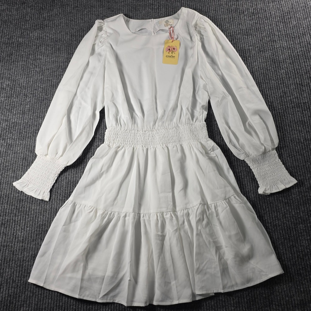 Entro White Long Sleeve Smocked Waist Tiered Mini Dress Small NEW